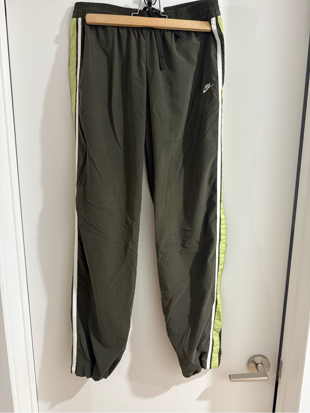 Nike Olive Green Track Pants with Neon Yellow Side Stripes
